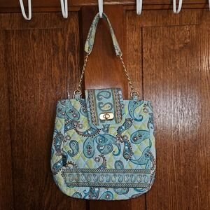 Maggi B Quilted Paisley Shoulder Bag Blue Green Floral Gold Chain Strap Tote